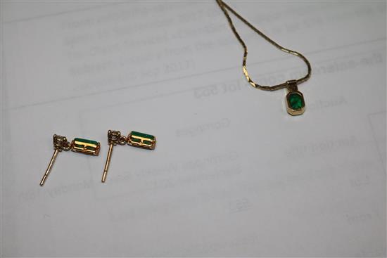 A gold, emerald and diamond pendant on a 14ct gold chain and a pair of similar gold, emerald and diamond ear studs.